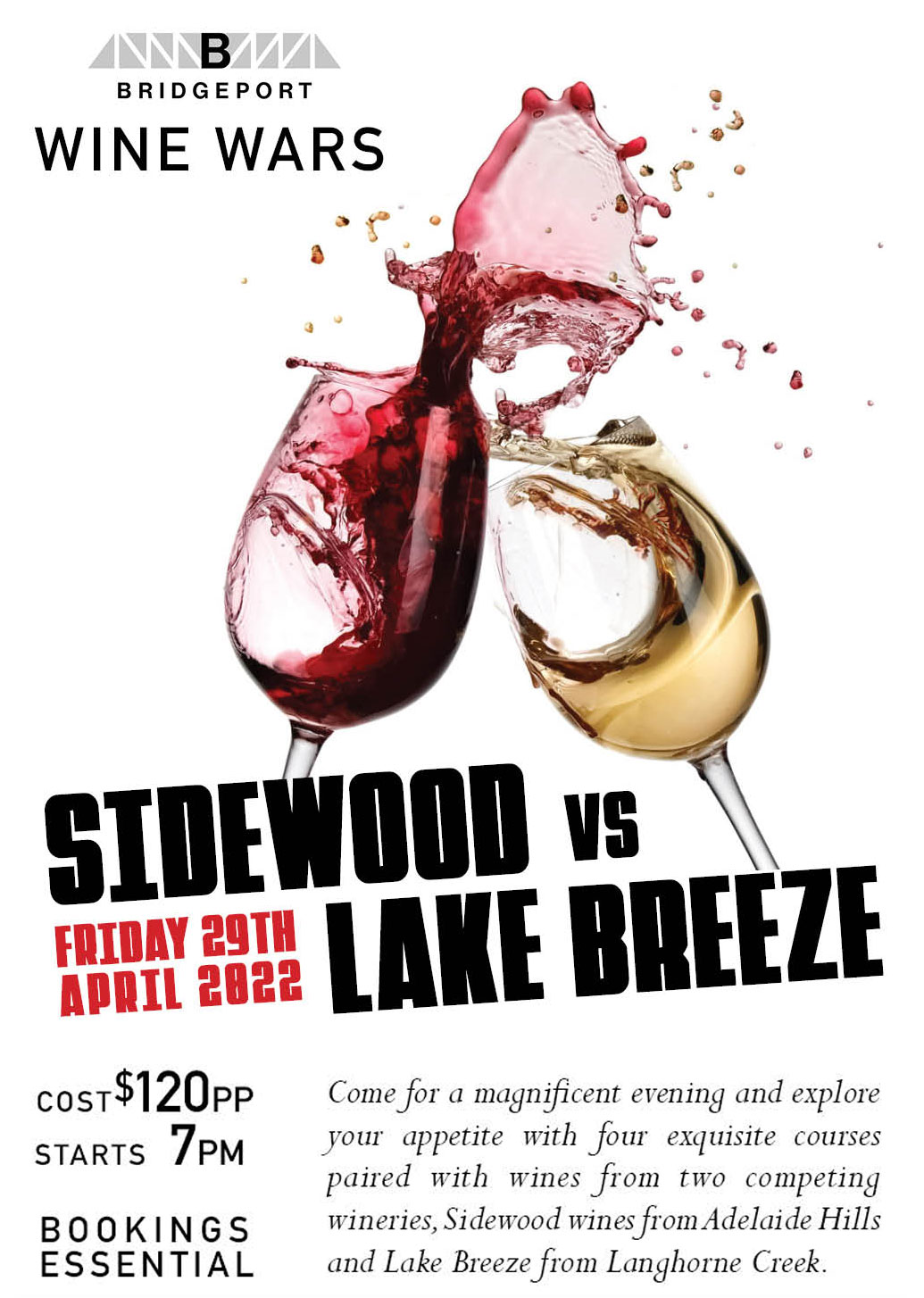 Wine Wars - Wine pairing with food - food tasting - Sidewood Wines Vs Lake Breeze - Function at Bridgeport